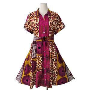 Rahyma Short Sleeve Button-Down Midi Dress African Mixed Print Pink XXXL